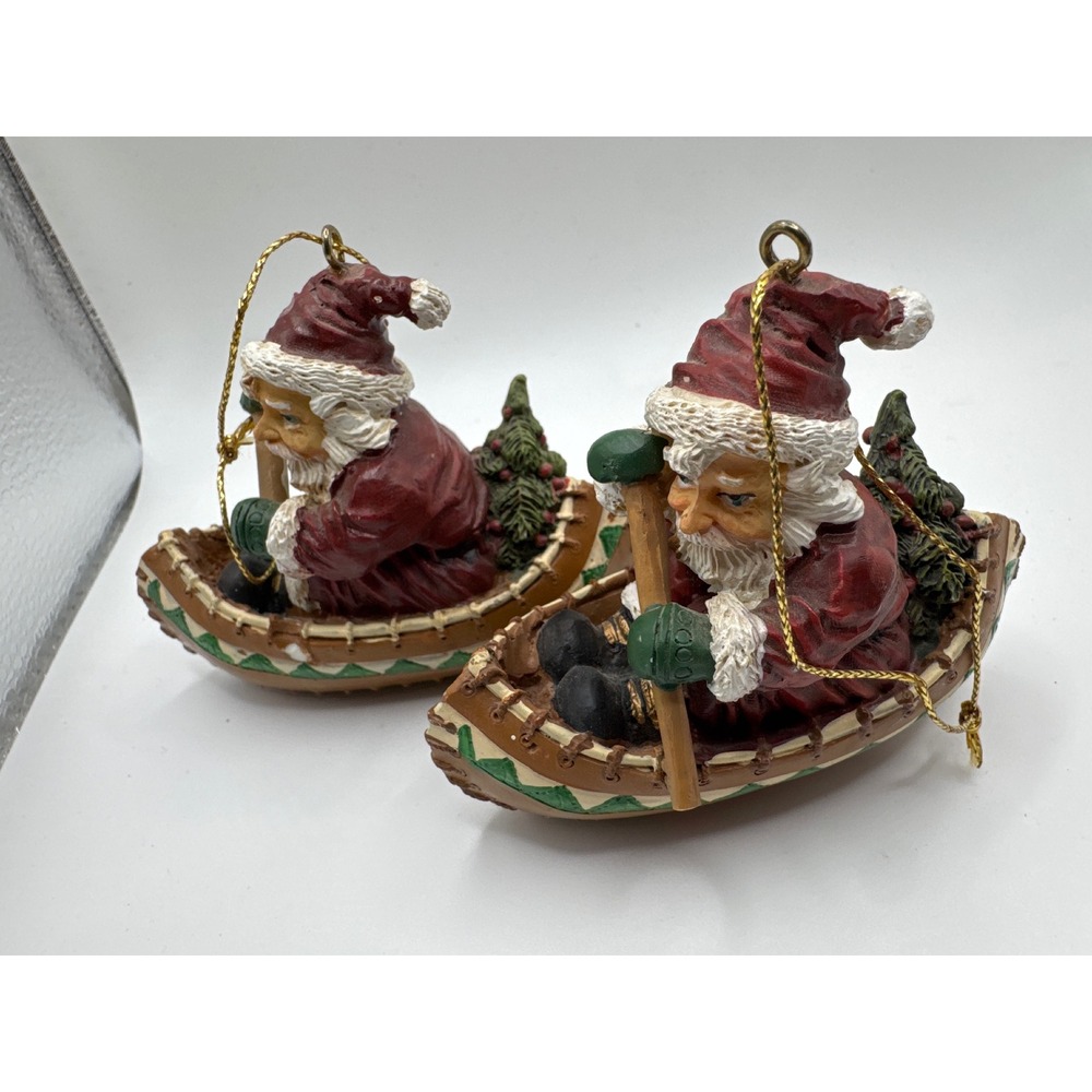 House of Lloyd Santa in Canoe Christmas Ornaments Set of 2 Vintage Rustic Lodge